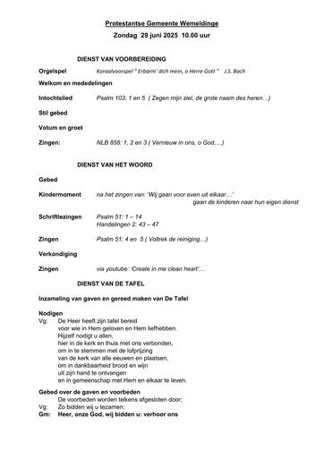 Orde van dienst 29 juni 2025 Avondmaal